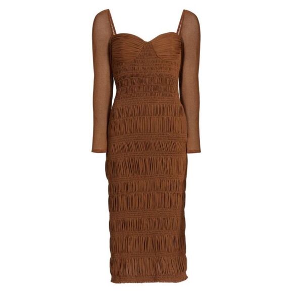 SELF-PORTRAIT Shirred Long Sleeve Midi-Dress in Caramel NWT Size 2 - Picture 6 of 11